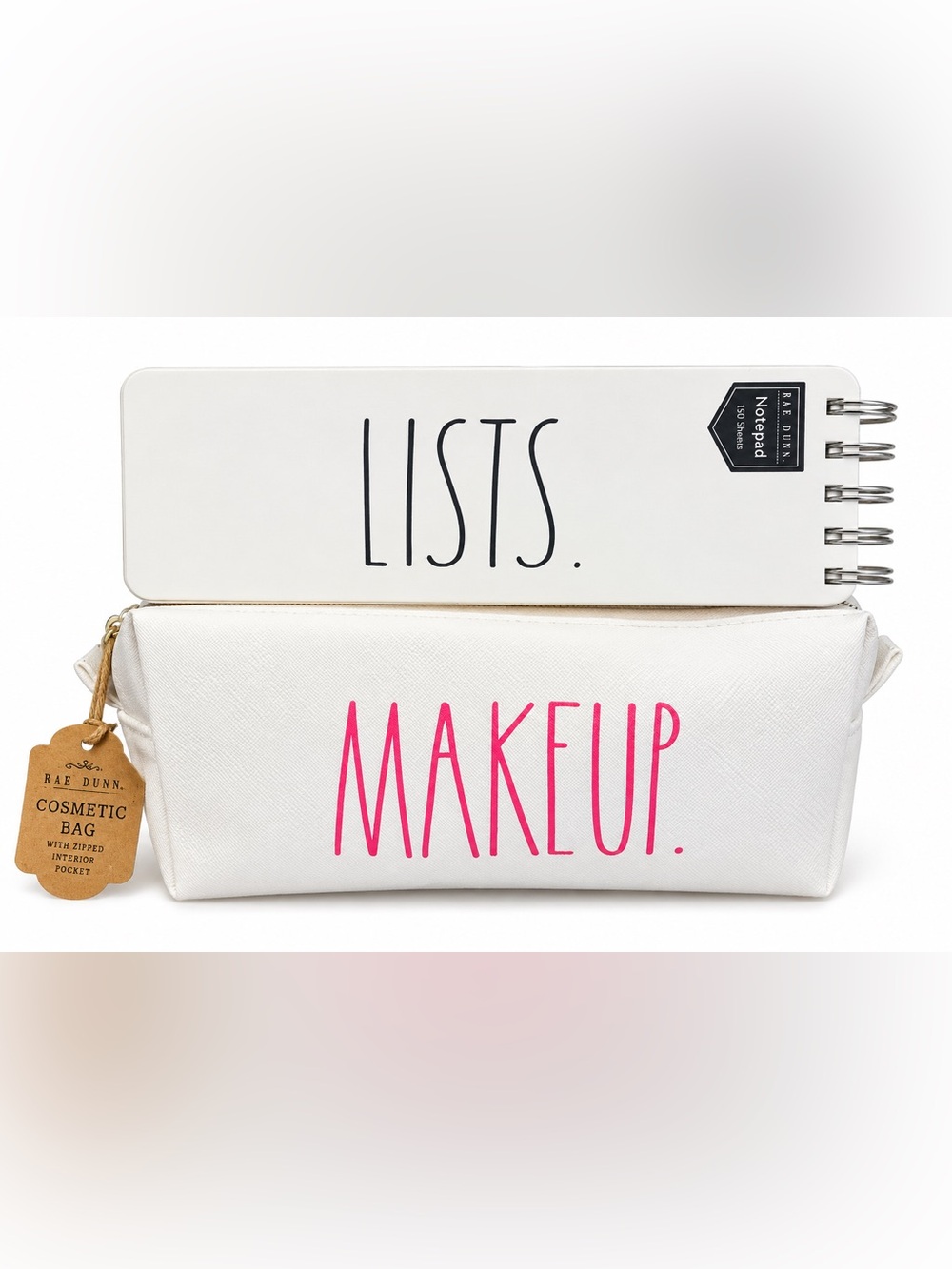 Rae Dunn MAKEUP Cosmetic Bag + LISTS Notepad Set White Pink